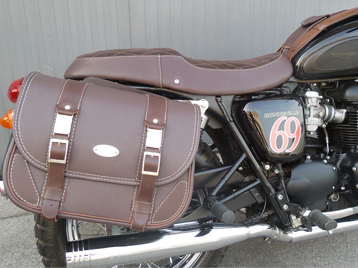 MCJ Classic Brown Bag Seitentasche Leder mit Halterung für Harley , Triumph, Kawasaki, Victory, Triumph, Royal Enfield