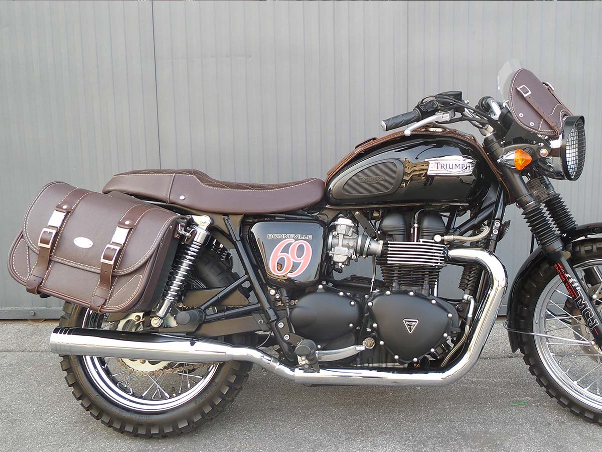 MCJ Classic Brown Bag Seitentasche Leder mit Halterung für Harley , Triumph, Kawasaki, Victory, Triumph, Royal Enfield