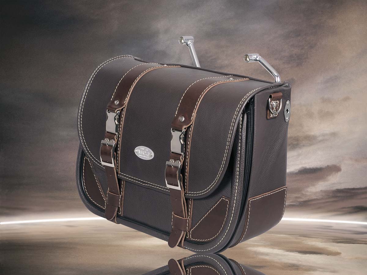 MCJ Classic Brown Bag Seitentasche Leder mit Halterung für Harley , Triumph, Kawasaki, Victory, Triumph, Royal Enfield