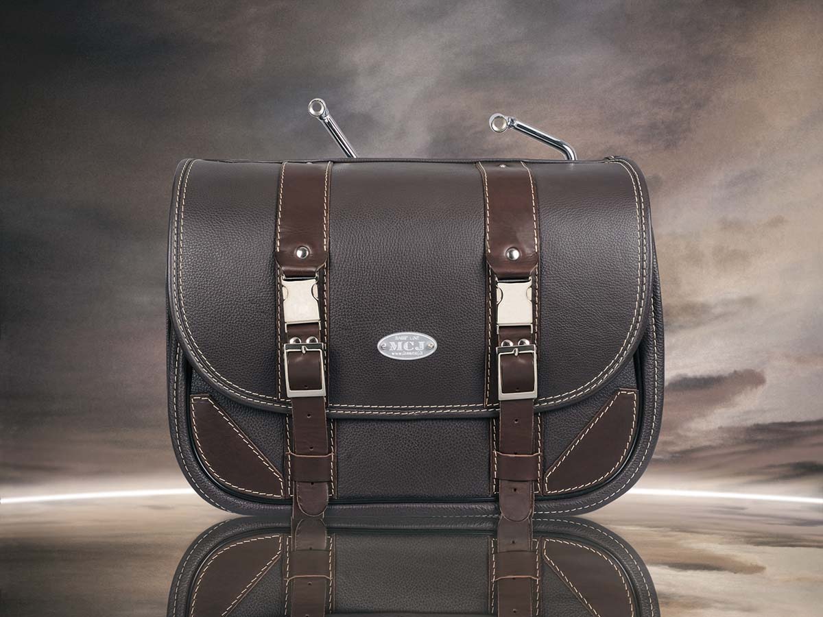 MCJ Classic Brown Bag Seitentasche Leder mit Halterung für Harley , Triumph, Kawasaki, Victory, Triumph, Royal Enfield